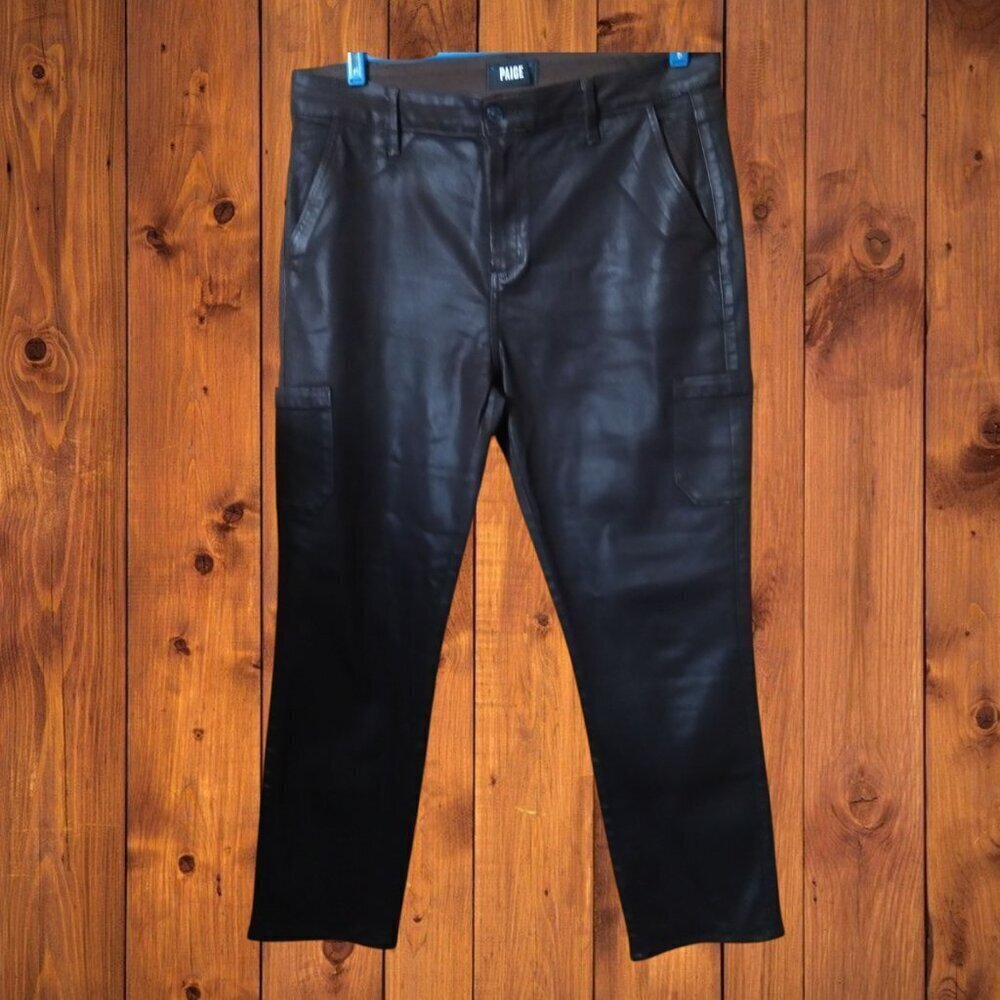 PAIGE Women's Size 32 Jolie Brown Cargo Coated Pants Stretch City Classic Biker
